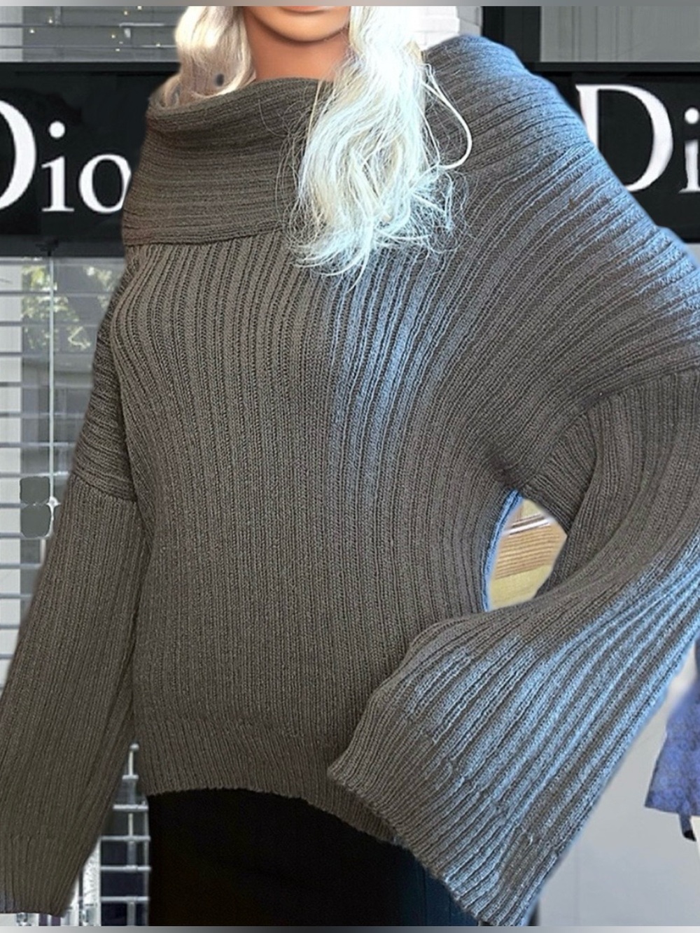 Grey Off-the-Shoulder Ribbed Knit Sweater